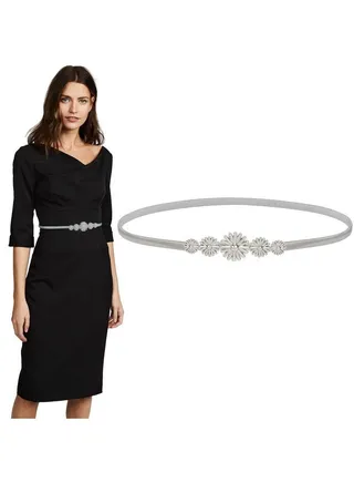 Ladies Skinny Metal Elastic Chain Belt Thin Gold Silver Stretch Spring Waist Belt For Dress Fit Waist Size 2428 Inches 