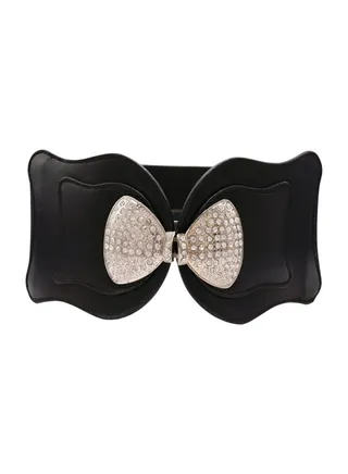 Women Black Wide Fashion Belt Hip High Waist Elastic Band Silver Bow Buckle Size S M 