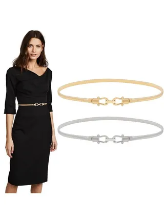 2 Pack Ladies Skinny Metal Elastic Chain Belt Thin Gold Silver Stretch Spring Waist Belt For Dress Ggold+Silver Fit Waist Size 2933 Inches 