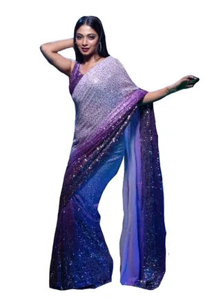 Beautiful Lavender And Purple Sequence Work Saree With Unstitched Blouse 
