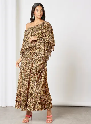 Leopard Print Ruffled Saree With Blouse Yellow 