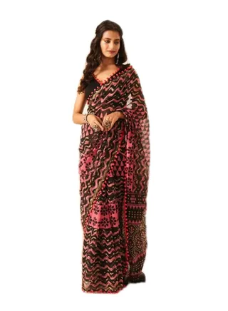 Black and Pink printed cotton saree with pom pom lace and unstitched blouse 