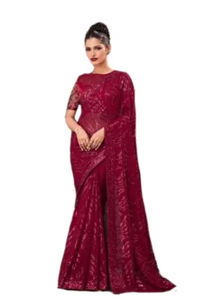 Georgette Red Saree With Same Color Sequence Work And Designer Unstitched Blouse 