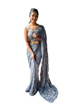Ready To Wear Georgette Grey Colour Saree With Sequence Work And Golden Belt Plus Unstitched Blouse 