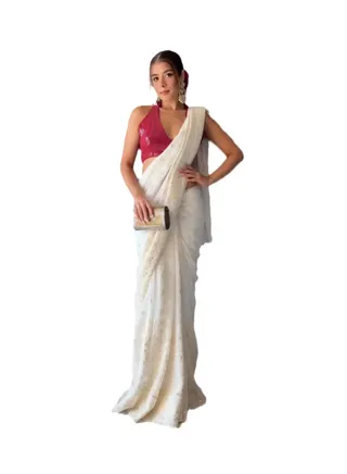 Georgette Beautiful White Mirror Work Saree With Pink Unstitched Sequence Work Blouse 