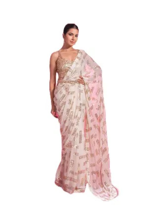 Georgette White Saree With Gold Color Sequence Work And Designer Unstitched Blouse 
