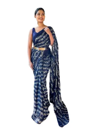 Georgette Ready To Wear Saree With Blue And Silver Sequence Work Plus Golden Metal Belt and Unstitched Blouse 