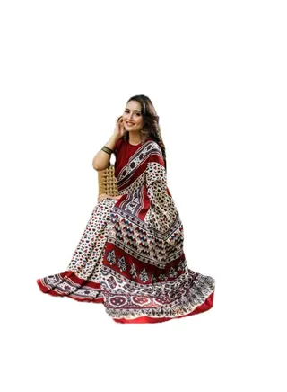 Crape Fabric Beautiful White Base Saree with Red Border And Unstitched Blouse 