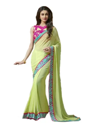 Beautiful Green trendy georgette sarees with unstitched embroidered blouse and fancy lace all over saree 