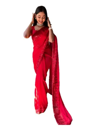 Ready To Wear Red Georgette Sequence Work Saree With Unstitched Blouse 