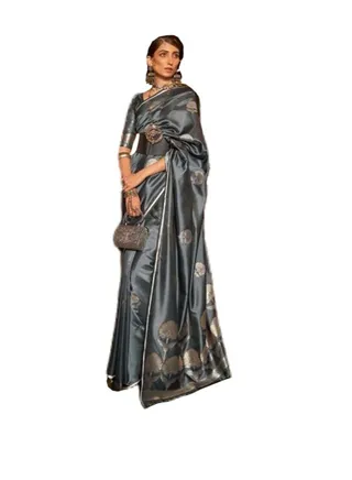 Beautiful Grey Silk Saree With Golden Weaving Design And Thin Golden Border Plus Unstitched Blouse 