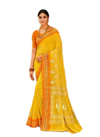 Yellow Georgette Saree With Orange Foil Printed Border Plus Khadi Silk Printed Blouse 