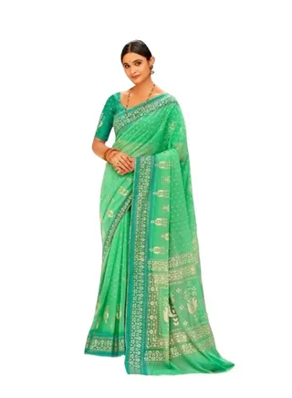 Georgette Foil Print Green Colour beautiful Saree With Unstitched Blouse 