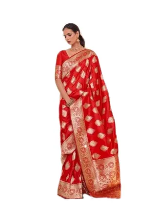 Beautiful Banaras Red Silk Saree With Self Design And Golden Weaving Design Plus Unstitched Blouse 