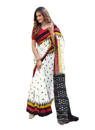 Cotton White Red Black Ikat Prited Sraee With Unstitched Blouse 