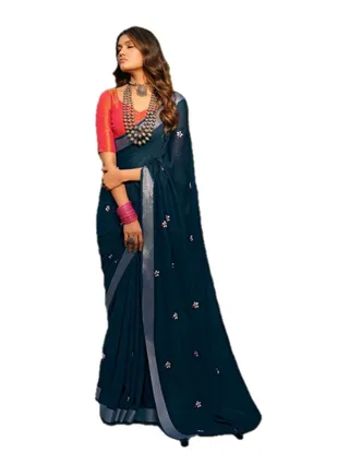 Linen Cotton Turquoise Blue Saree With Flower Embroidery And Zari Border Plus Unstitched Blouse 