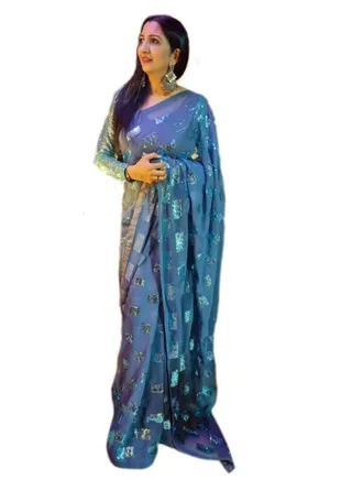 Grey Georgette Saree With Blue Sequence Work And Piping Finish Plus Unstitched Blouse 