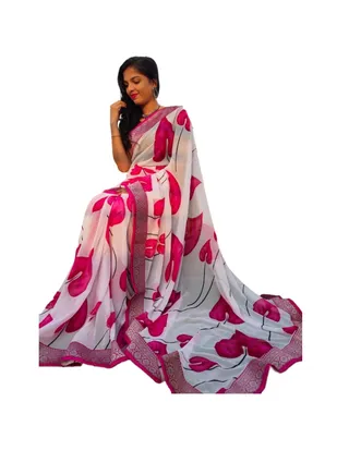 Georgette Beautiful White Base Pink Leaf Printed Saree With Traditional Border Plus Unstitched Blouse 