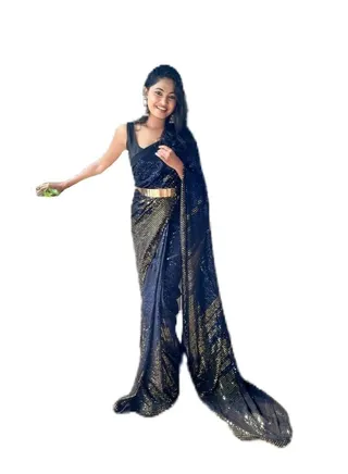 Georgette Ready To Wear Saree With Blue And Gold Sequence Work Plus Golden Metal Belt and Unstitched Blouse 