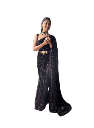 Georgette Ready To Wear Saree Black Sequence Work Plus Golden Metal Belt and Unstitched Blouse 