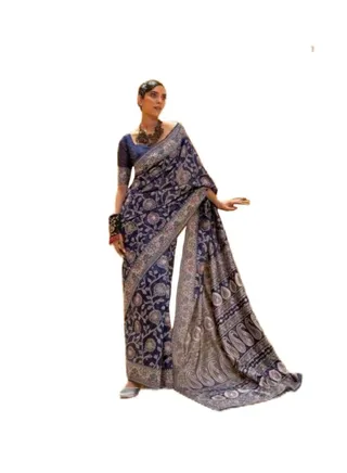 Blue Cotton Silk  Lucknowi Chickankari Weaving Work Saree Plus Unstitched Blouse 