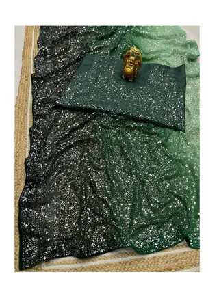 Beautiful Georgette Double Shade Green Sequence Work Saree With Unstitched Blouse 
