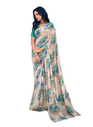 Traditional Organza Saree With Light Pink Having Floral Print And Border Plus Unstitched Blouse 