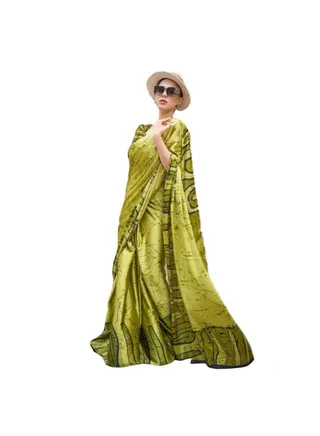 Olive Green Printed Satin Silk Saree With Unstitched Blouse 