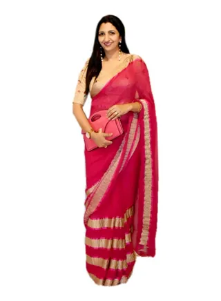 Georgette Silk Pink Saree With Golden Horizontal Stripes All Over With Golden Unstitched Blouse 