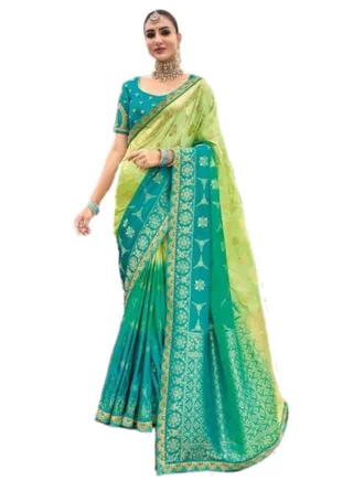 Silk double color shades of Blue and Green Saree having beautiful Embroidery Border All Over Plus Unstitched Blouse 