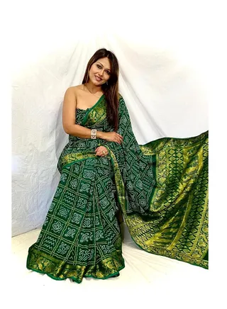 Green Silk Gharchola Print Saree with golden Border Plus Unstitched Blouse 