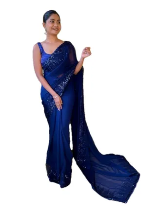 Ready To Wear Blue Georgette Sequence Work Saree With Unstitched Blouse 
