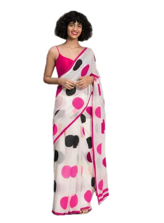 White Cotton Saree With Big Multicolour Polka Dots And Unstitched Blouse 