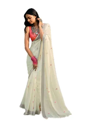Linen Cotton White Saree With Flower Embroidery And Zari Border Plus Unstitched Blouse 