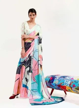 Satin Multicolour Printed Saree With Pink Base And Unstitched Blouse 