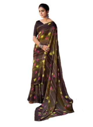 Dark Brown Floral Georgette saree with unstitched Blouse 