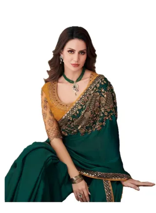 Pure Satin Silk Green Saree With Musturd Yellow Embroidery And Border Plus Fancy Unstitched Blouse 