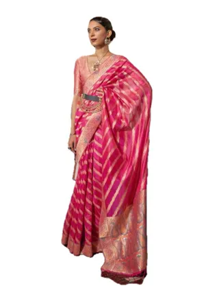 Organza Silk Pink Saree With Golden Weaving Border And Pattern Design All Over Plus Unstitched Blouse 