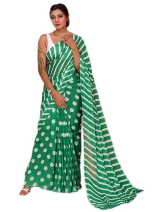 Georgette Green Saree With Half Polka And Half Stripes Design Plus Unstitched Blouse 