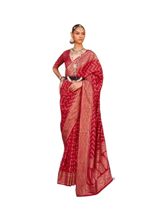 Red Banaras Silk Saree With Gold Foil Print And Border Plus Unstitched Blouse 