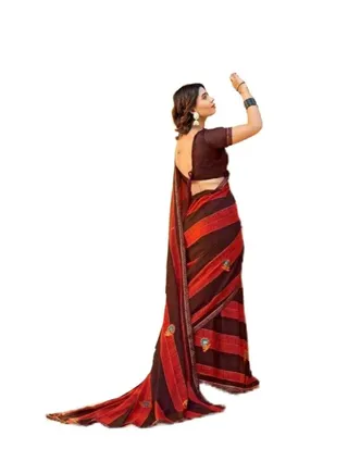 Georgette red And Brown Beautiful Printed Saree With Unstitched Blouse 