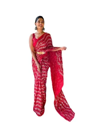 Georgette Ready To Wear Saree With Red And Silver Sequence Work Plus Golden Metal Belt and Unstitched Blouse 