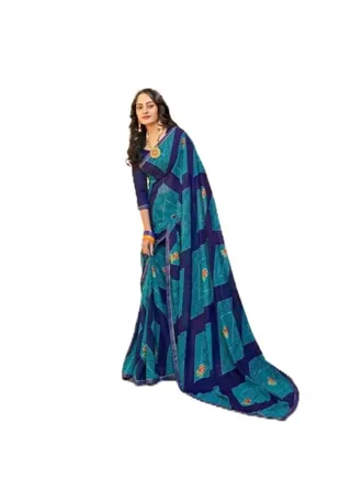 Georgette Blue And Dark Blue Beautiful Printed Saree With Unstitched Blouse 