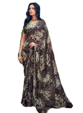 Coffee Brwon Color Floral Print georgette Saree With Pearl Lace Border And Unstitched Blouse 