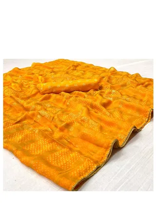 Silk Gharchola Foil Print Orange Saree With Golden Lace Plus Unstitched Saree 