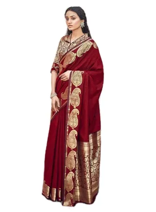 Trendy stylish Maroon Red self stripes silk saree with weaving unique leaf design border and unstitched blouse 