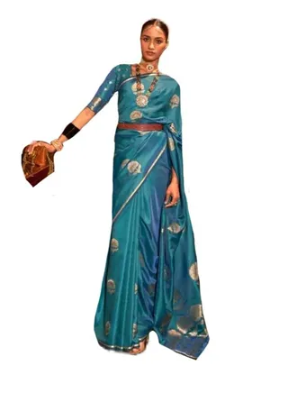 Traditional Silk Blue Saree With weaving Design And Thin Gold border Plus Unstitched Blouse 