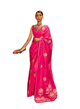Pink Satin Silk Golden Weaving Saree With Unstitched Blouse 