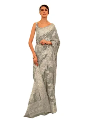 Silver Base Silk Saree With Golden Zari And Lakhnavi Work Plus Unstitched Blouse 