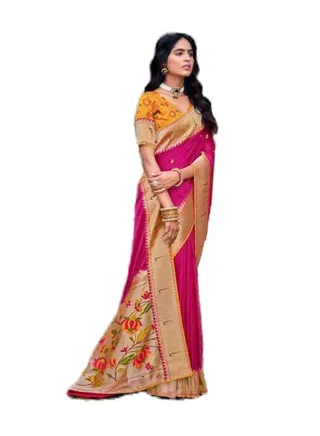 Pink Paithani Silk Saree With Border And Peacock Pallu Design Plus Yellow Brocade Unstitched Blouse 